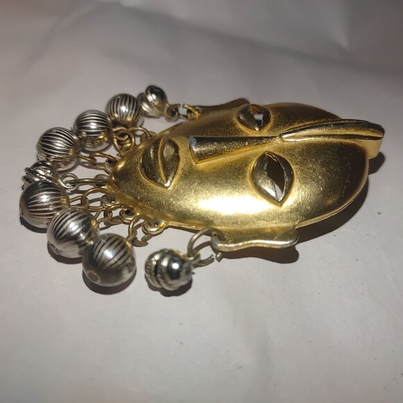 Large Tribal Mask Brooch Pin Mayan Aztec African Vintage Dangling Silver Balls - Picture 12 of 13